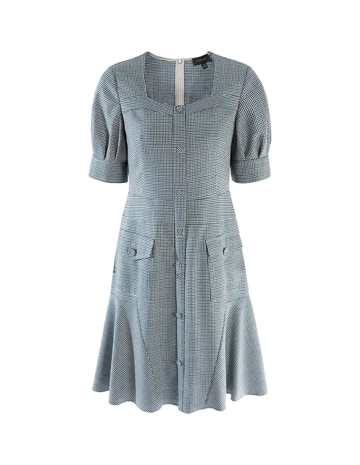 MARYLING Offce Dress Blue White Square Collar Waist A Swing Houndstooth Dress Mix 8211 Women MARYLING Offce Dress Blue White Square Collar Waist A Swing Houndstooth Dress Mix 8211 Women