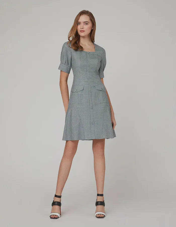 MARYLING Offce Dress Blue White Square Collar Waist A Swing Houndstooth Dress Mix 8211 Women MARYLING Offce Dress Blue White Square Collar Waist A Swing Houndstooth Dress Mix 8211 Women