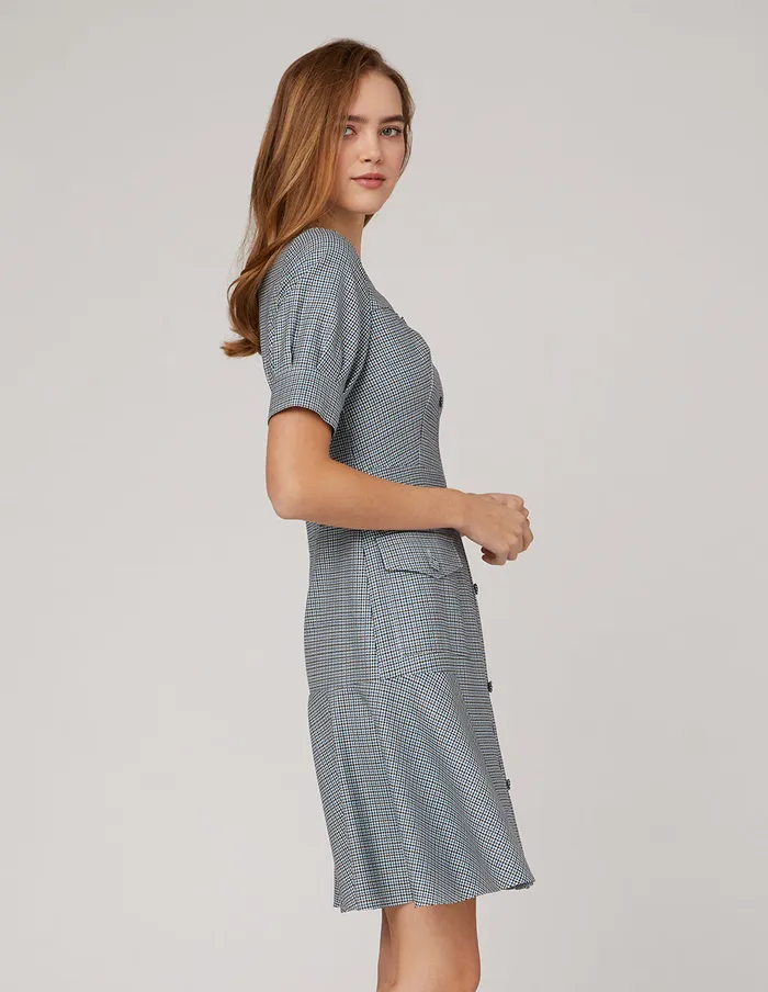 MARYLING Offce Dress Blue White Square Collar Waist A Swing Houndstooth Dress Mix 8211 Women MARYLING Offce Dress Blue White Square Collar Waist A Swing Houndstooth Dress Mix 8211 Women