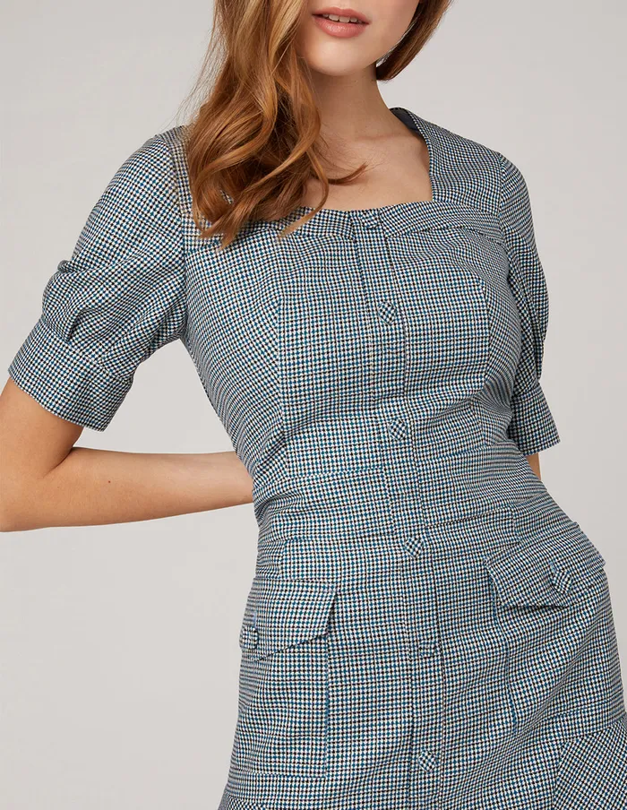 MARYLING Offce Dress Blue White Square Collar Waist A Swing Houndstooth Dress Mix 8211 Women MARYLING Offce Dress Blue White Square Collar Waist A Swing Houndstooth Dress Mix 8211 Women