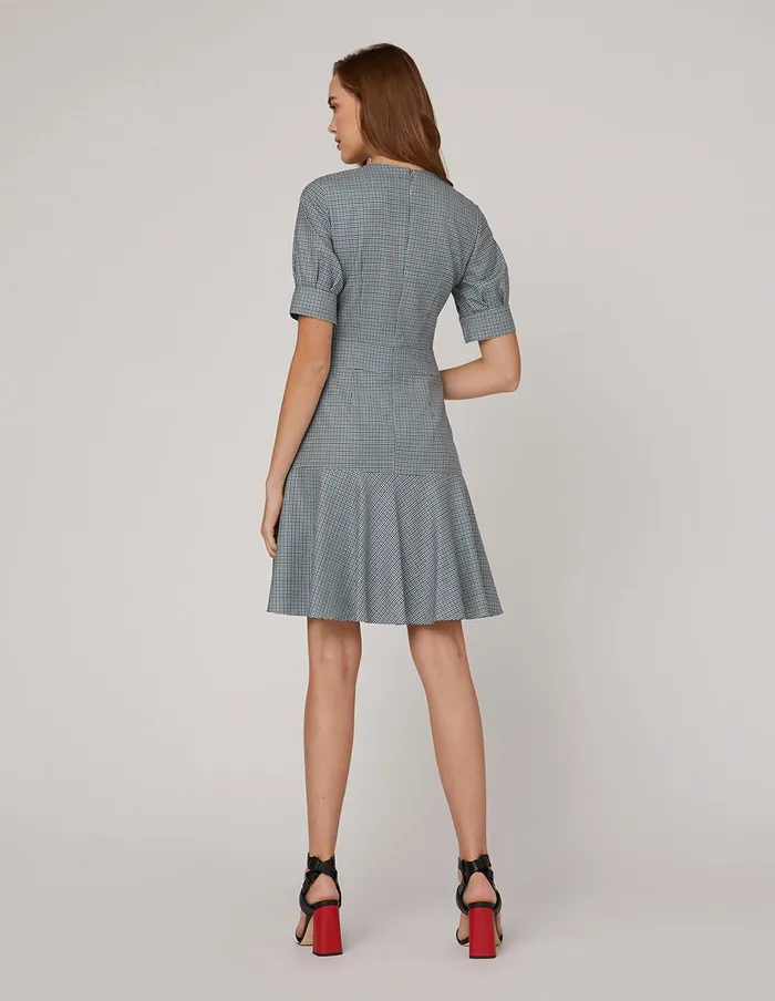 MARYLING Offce Dress Blue White Square Collar Waist A Swing Houndstooth Dress Mix 8211 Women MARYLING Offce Dress Blue White Square Collar Waist A Swing Houndstooth Dress Mix 8211 Women