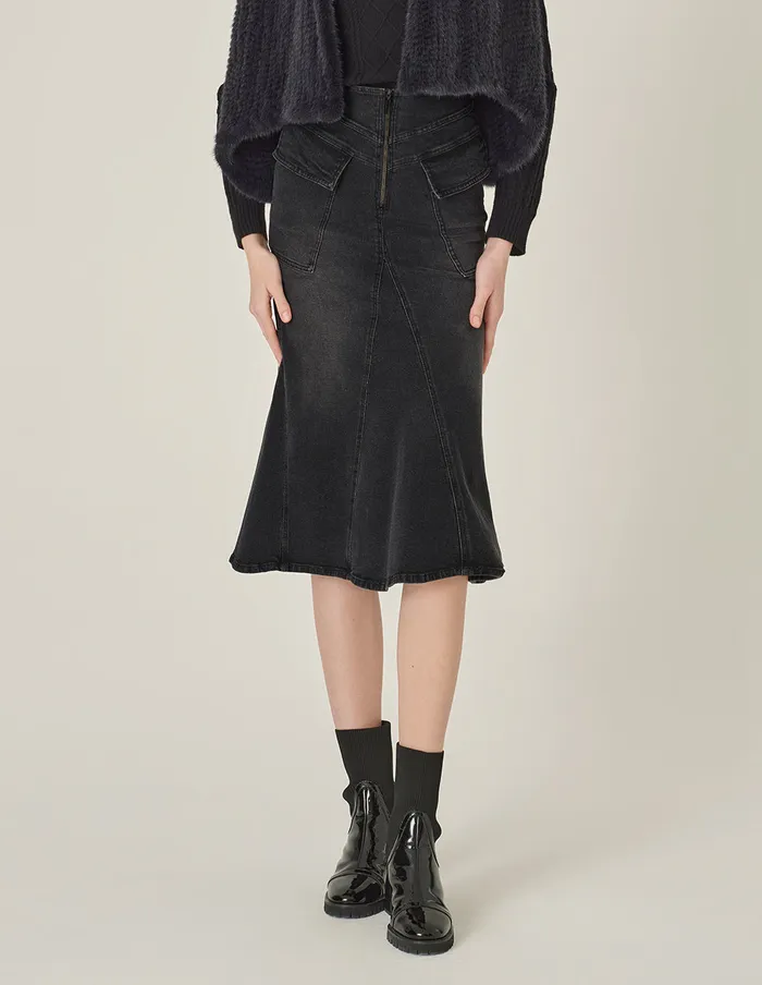 MARYLING Skirts Smoke Black Washed Denim Fishtail KneeLength Skirt Black 8211 Women MARYLING Skirts Smoke Black Washed Denim Fishtail KneeLength Skirt Black 8211 Women