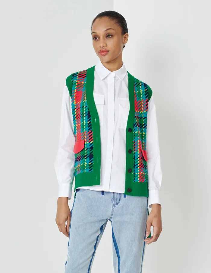 MARYLING Vest Colorful Plaid VNeck Vest Type Knitted Cardigan Mix 8211 Women MARYLING Vest Colorful Plaid VNeck Vest Type Knitted Cardigan Mix 8211 Women