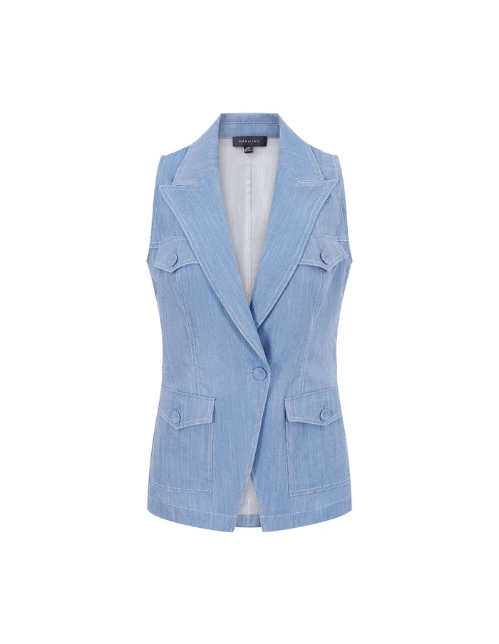 MARYLING Vest Denim Blue Peak Collar Contrast Stitching Vest Blue 8211 Women MARYLING Vest Denim Blue Peak Collar Contrast Stitching Vest Blue 8211 Women