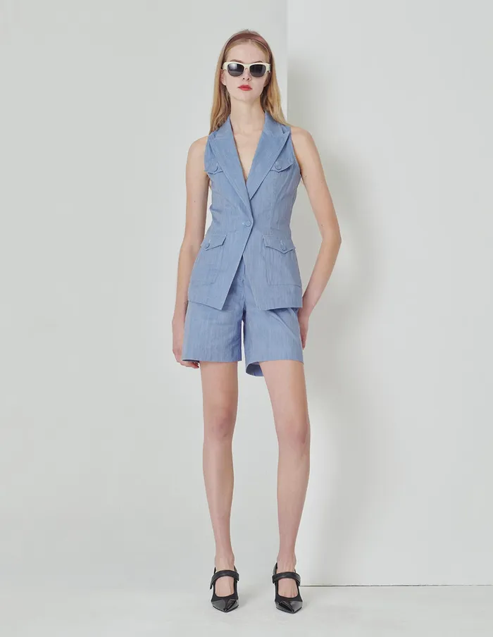 MARYLING Vest Denim Blue Peak Collar Contrast Stitching Vest Blue 8211 Women MARYLING Vest Denim Blue Peak Collar Contrast Stitching Vest Blue 8211 Women