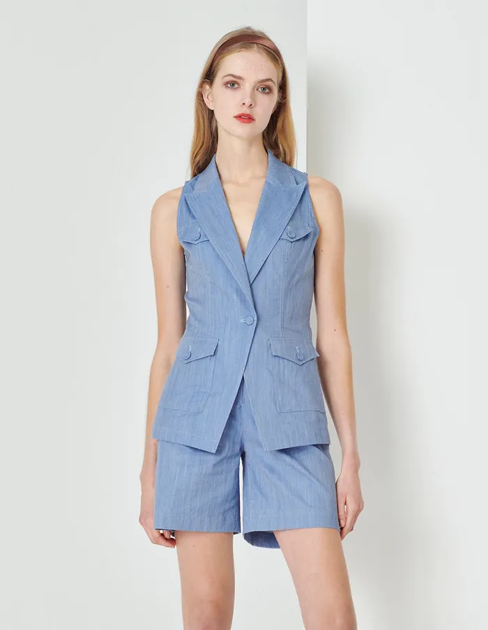 MARYLING Vest Denim Blue Peak Collar Contrast Stitching Vest Blue 8211 Women MARYLING Vest Denim Blue Peak Collar Contrast Stitching Vest Blue 8211 Women