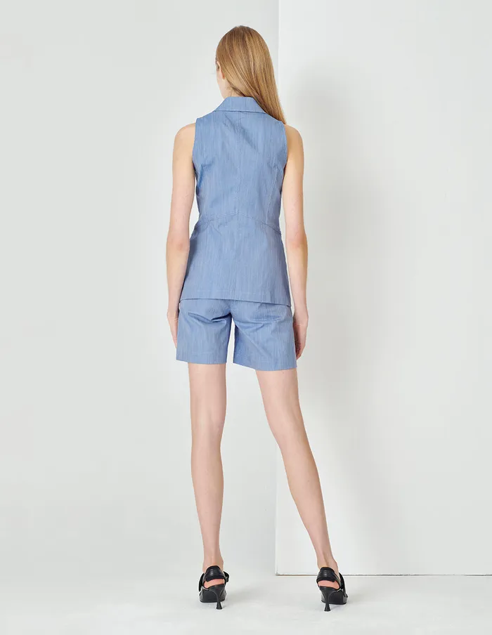 MARYLING Vest Denim Blue Peak Collar Contrast Stitching Vest Blue 8211 Women MARYLING Vest Denim Blue Peak Collar Contrast Stitching Vest Blue 8211 Women