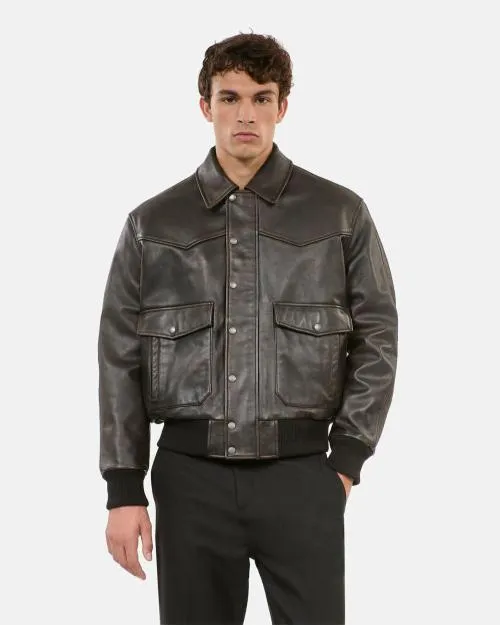 Men Coats and Jackets The Kooples Brown Leather Jacket Dark Brown
