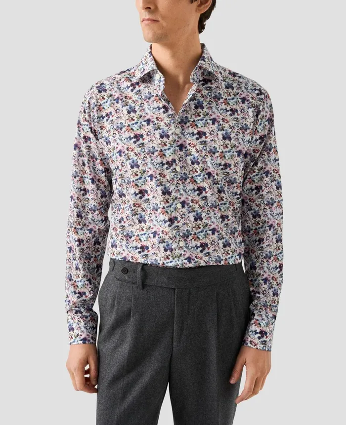 Men Floral Signature Twill Shirt White Eton Dress Shirts