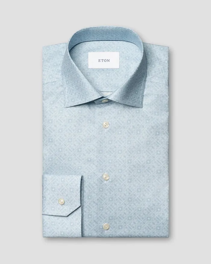 Men Geometric Signature Twill Shirt Blue Eton Dress Shirts