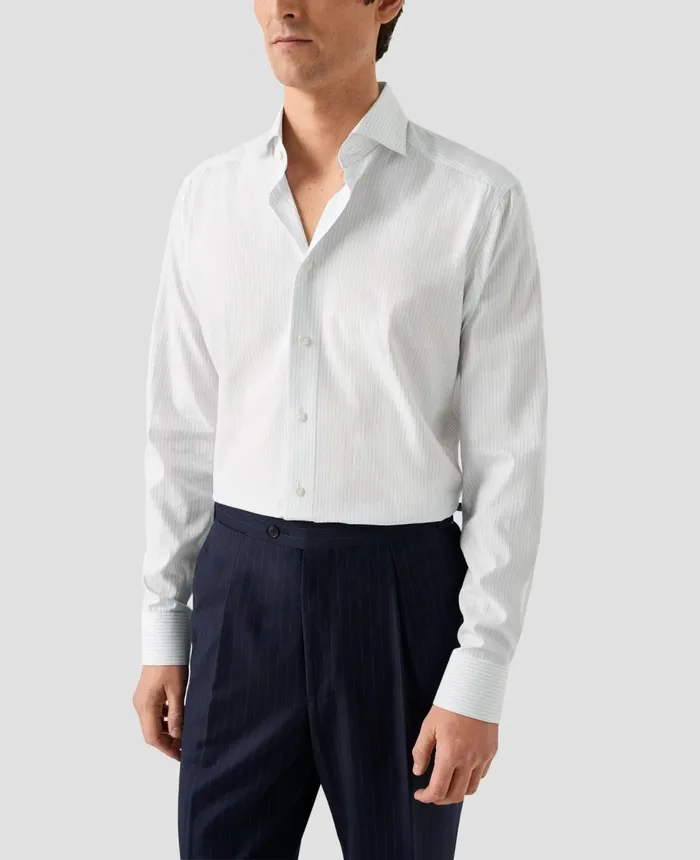 Men Pin Stripe Cotton and Silk Shirt Blue Eton Casual Shirts