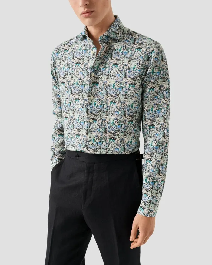 Men Soft Mosaic Flower Print Linen Shirt Blue Eton Casual Shirts