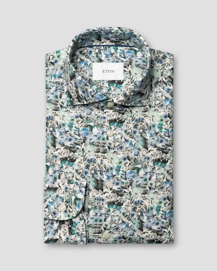 Men Soft Mosaic Flower Print Linen Shirt Blue Eton Casual Shirts Men Soft Mosaic Flower Print Linen Shirt Blue Eton Casual Shirts