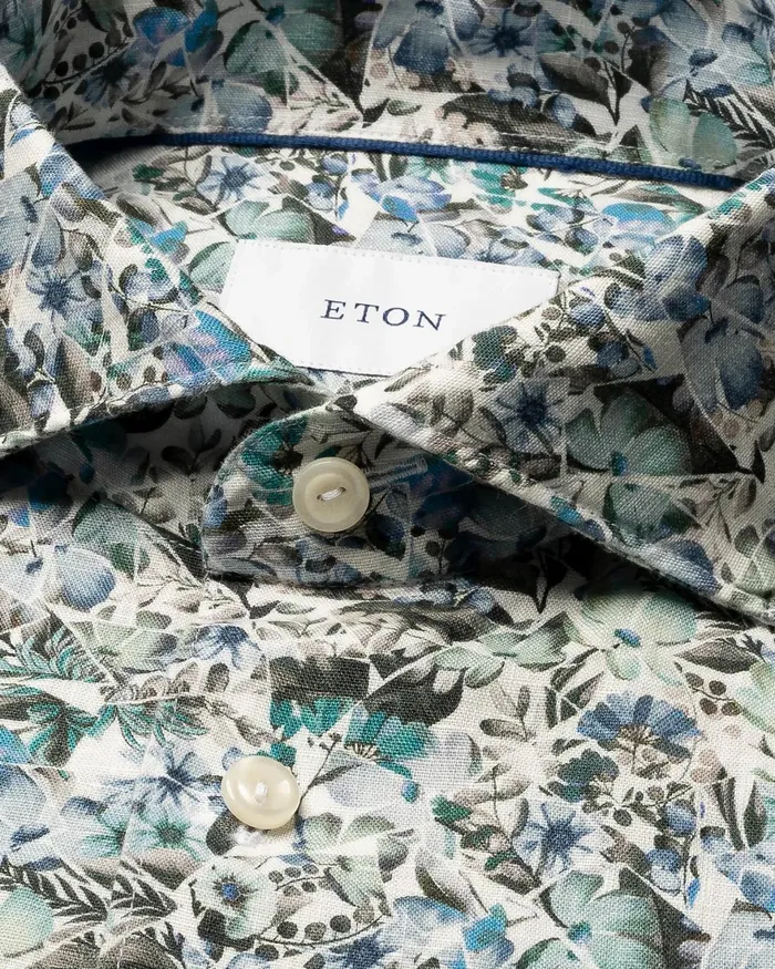 Men Soft Mosaic Flower Print Linen Shirt Blue Eton Casual Shirts Men Soft Mosaic Flower Print Linen Shirt Blue Eton Casual Shirts