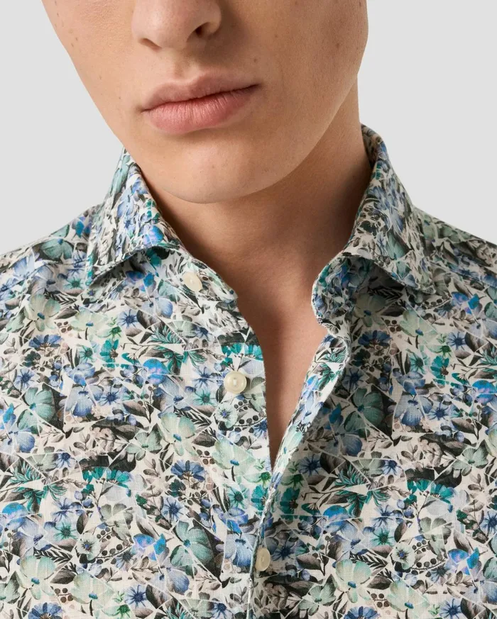Men Soft Mosaic Flower Print Linen Shirt Blue Eton Casual Shirts Men Soft Mosaic Flower Print Linen Shirt Blue Eton Casual Shirts