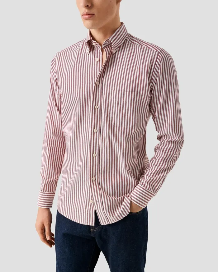Men Striped Royal Oxford Shirt Red Eton Casual Shirts