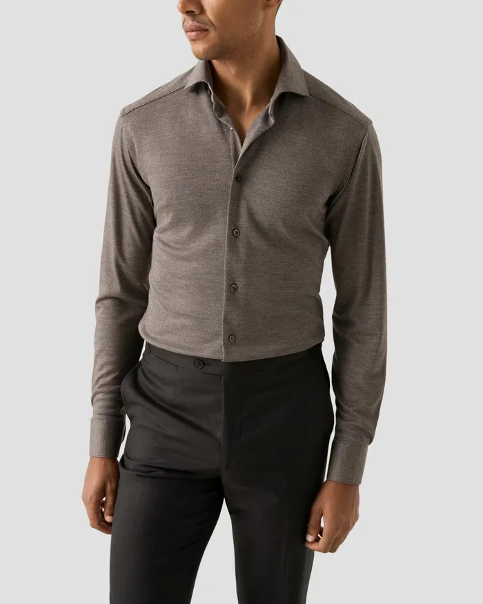 Men TENCEL and Wool Knitted Shirt Brown Eton Dress Shirts