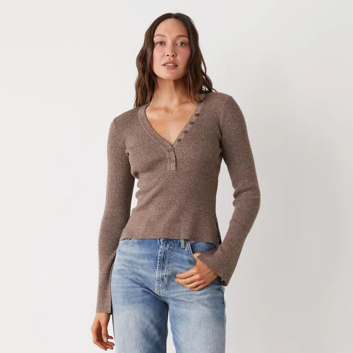 MONROW LONG SLEEVE Rib Henley Sweater Cocoa 8211 Shop