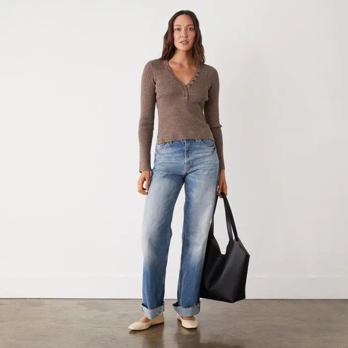 MONROW LONG SLEEVE Rib Henley Sweater Cocoa 8211 Shop