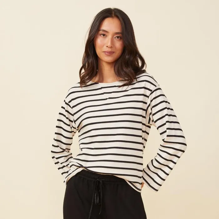 MONROW LONG SLEEVE Stripe Boat Neck Long Sleeve Natural Black 8211 Shop