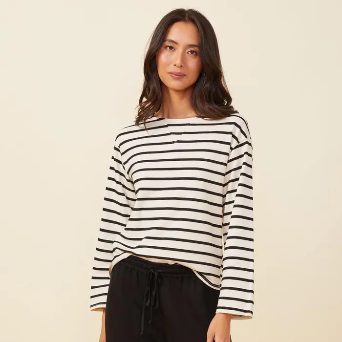 MONROW LONG SLEEVE Stripe Boat Neck Long Sleeve Natural Black 8211 Shop