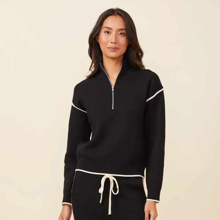MONROW SWEATSHIRTS Soft Knit Half Zip Contrast Stripe Sweater Black 8211 Shop