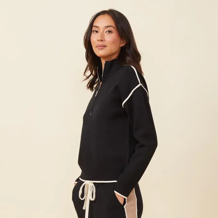 MONROW SWEATSHIRTS Soft Knit Half Zip Contrast Stripe Sweater Black 8211 Shop