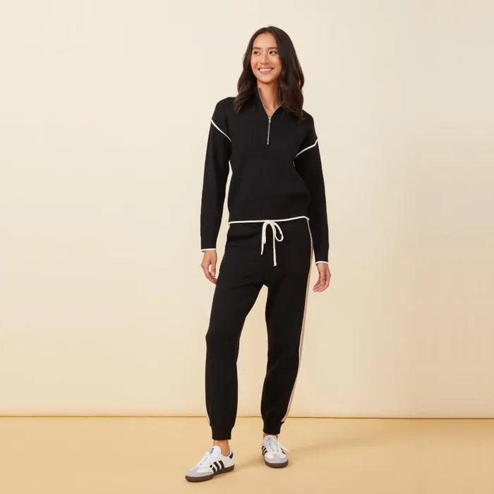 MONROW SWEATSHIRTS Soft Knit Half Zip Contrast Stripe Sweater Black 8211 Shop