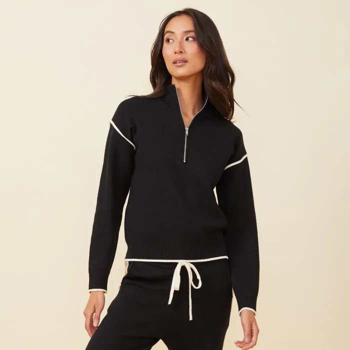 MONROW SWEATSHIRTS Soft Knit Half Zip Contrast Stripe Sweater Black 8211 Shop