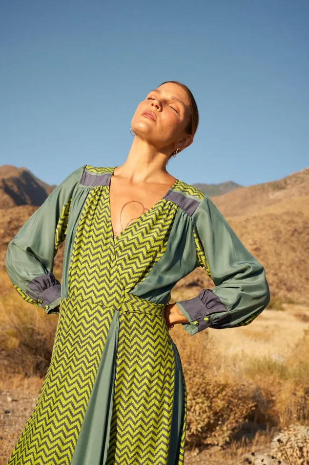 Natalie Martin KATE LONG SLEEVE MAXI Block Zigzag Lime Shop Dresses