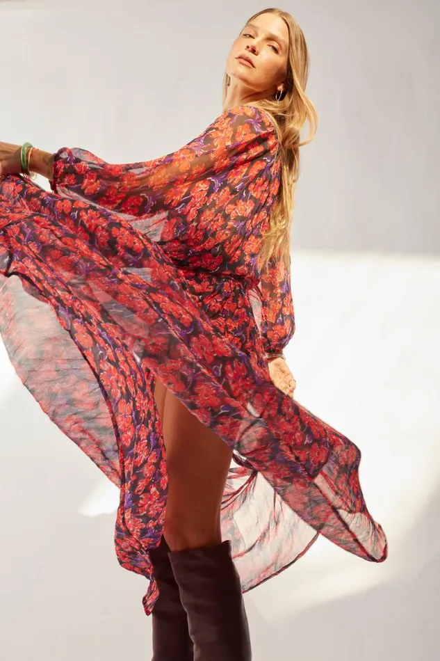 Natalie Martin LAINEY DRESS WITH SASH Chiffon Watercolor Print Onyx Shop Dresses