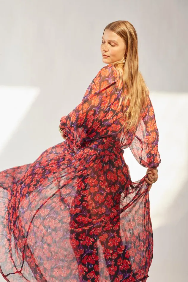 Natalie Martin LAINEY DRESS WITH SASH Chiffon Watercolor Print Onyx Shop Dresses
