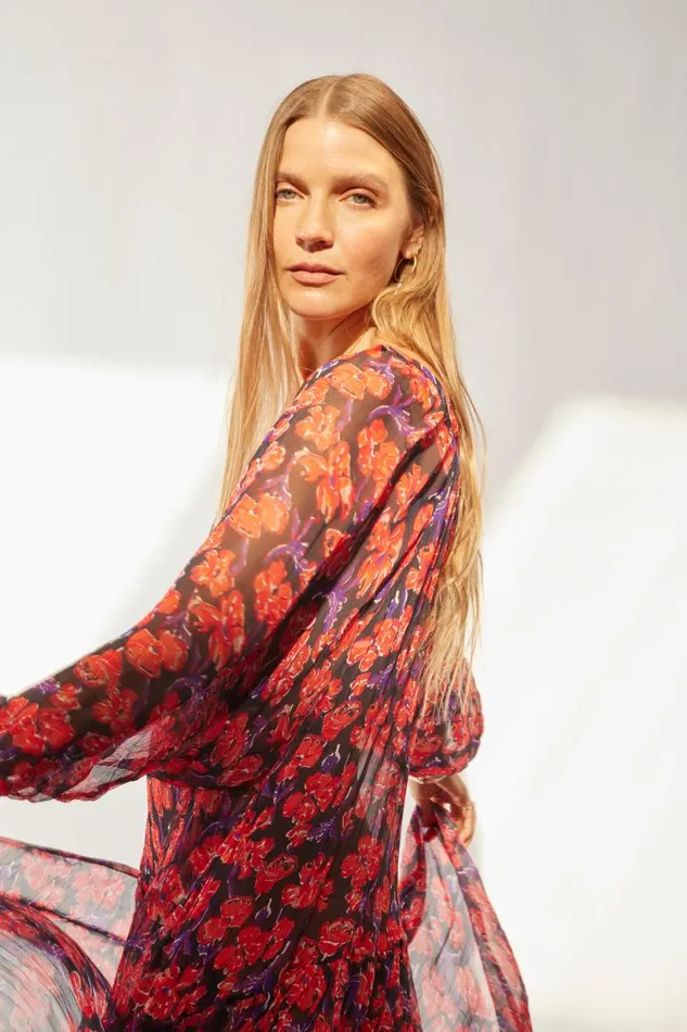 Natalie Martin LAINEY DRESS WITH SASH Chiffon Watercolor Print Onyx Shop Dresses