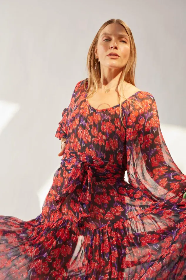 Natalie Martin LAINEY DRESS WITH SASH Chiffon Watercolor Print Onyx Shop Dresses
