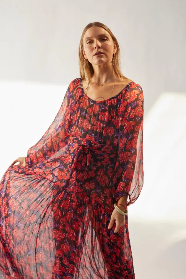 Natalie Martin LAINEY DRESS WITH SASH Chiffon Watercolor Print Onyx Shop Dresses