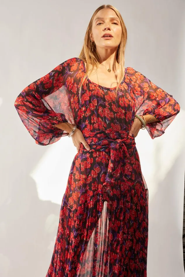 Natalie Martin LAINEY DRESS WITH SASH Chiffon Watercolor Print Onyx Shop Dresses