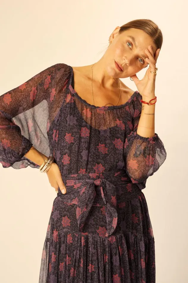 Natalie Martin LAINEY DRESS WITH SASH Snowflake Aubergine Shop Dresses
