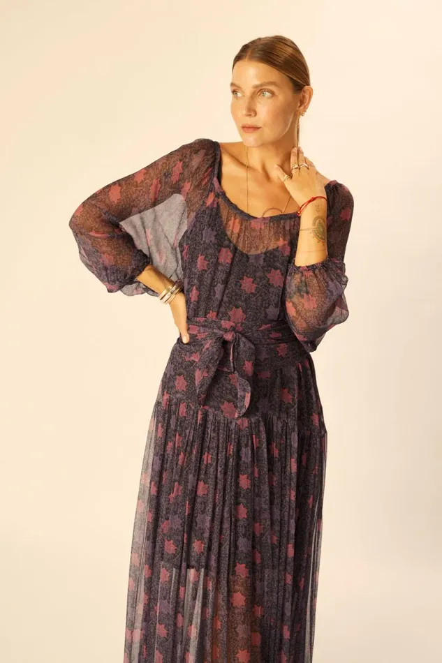 Natalie Martin LAINEY DRESS WITH SASH Snowflake Aubergine Shop Dresses