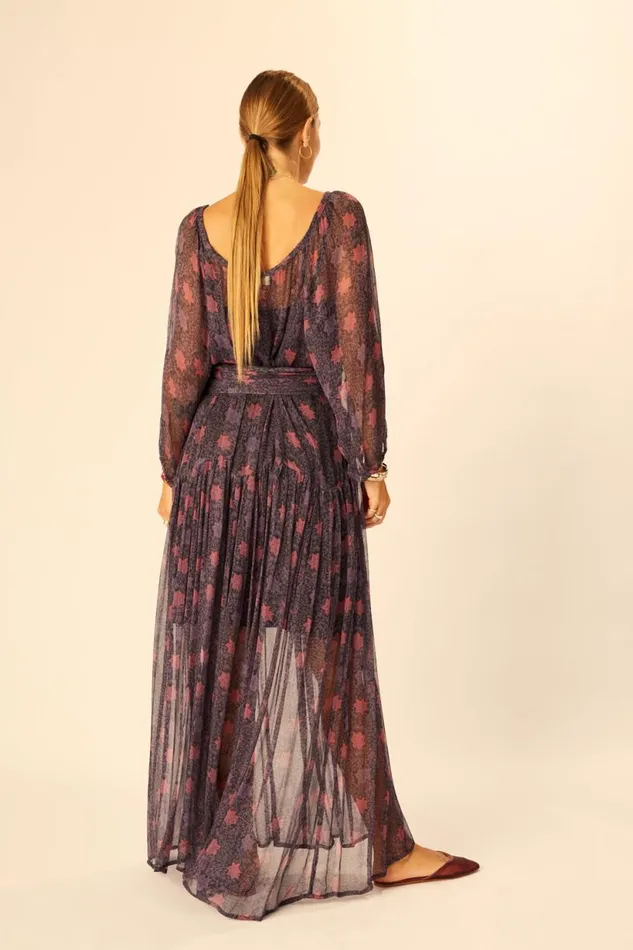 Natalie Martin LAINEY DRESS WITH SASH Snowflake Aubergine Shop Dresses