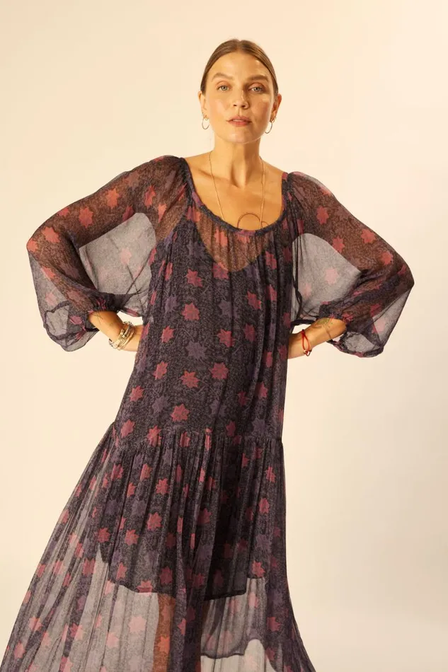 Natalie Martin LAINEY DRESS WITH SASH Snowflake Aubergine Shop Dresses
