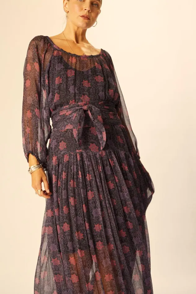 Natalie Martin LAINEY DRESS WITH SASH Snowflake Aubergine Shop Dresses