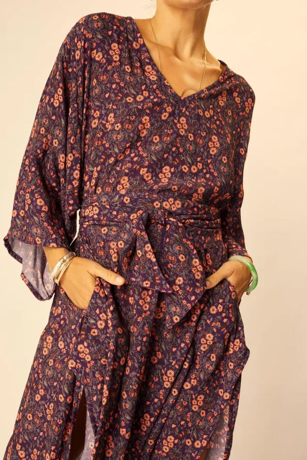 Natalie Martin MARIN DRESS WITH SASH Petite Fleur Aubergine Shop Dresses