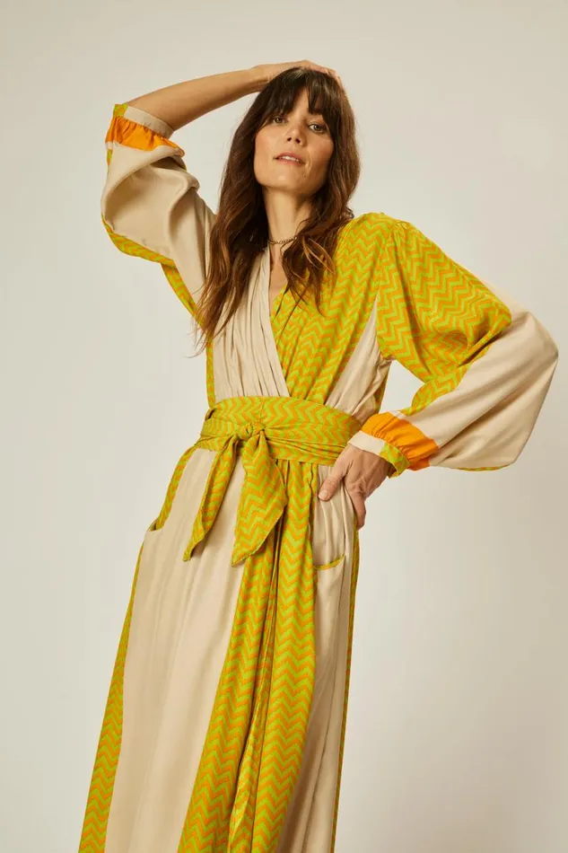 Natalie Martin NICO LS MAXI WITH SASH Block Zigzag Tangerine Shop Dresses