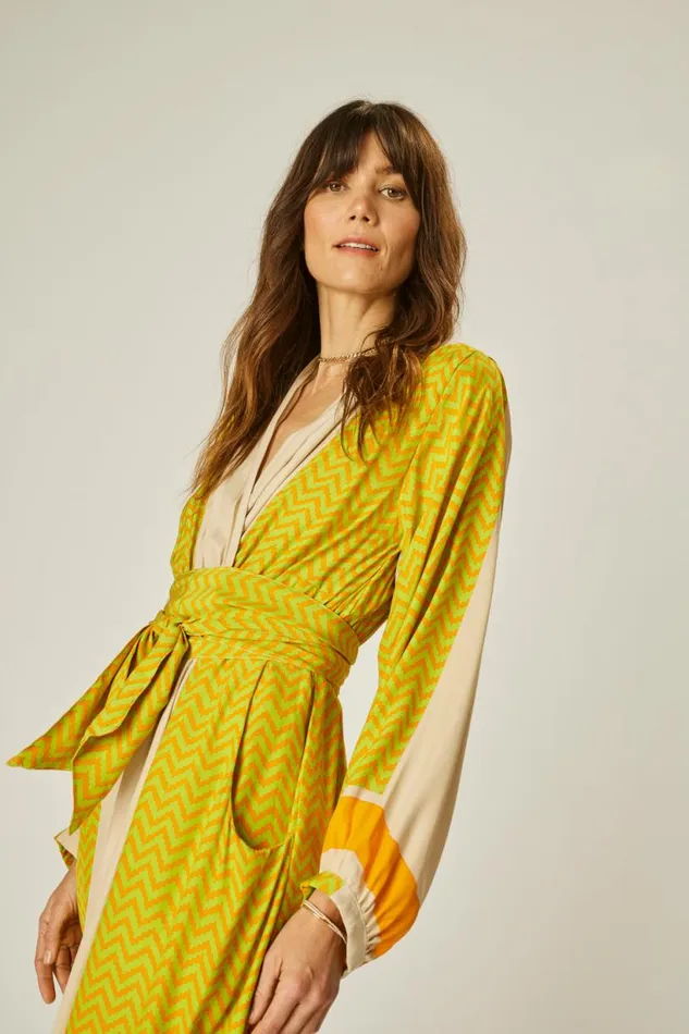 Natalie Martin NICO LS MAXI WITH SASH Block Zigzag Tangerine Shop Dresses