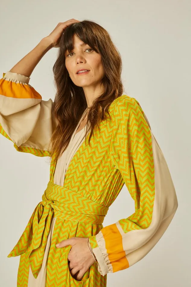 Natalie Martin NICO LS MAXI WITH SASH Block Zigzag Tangerine Shop Dresses