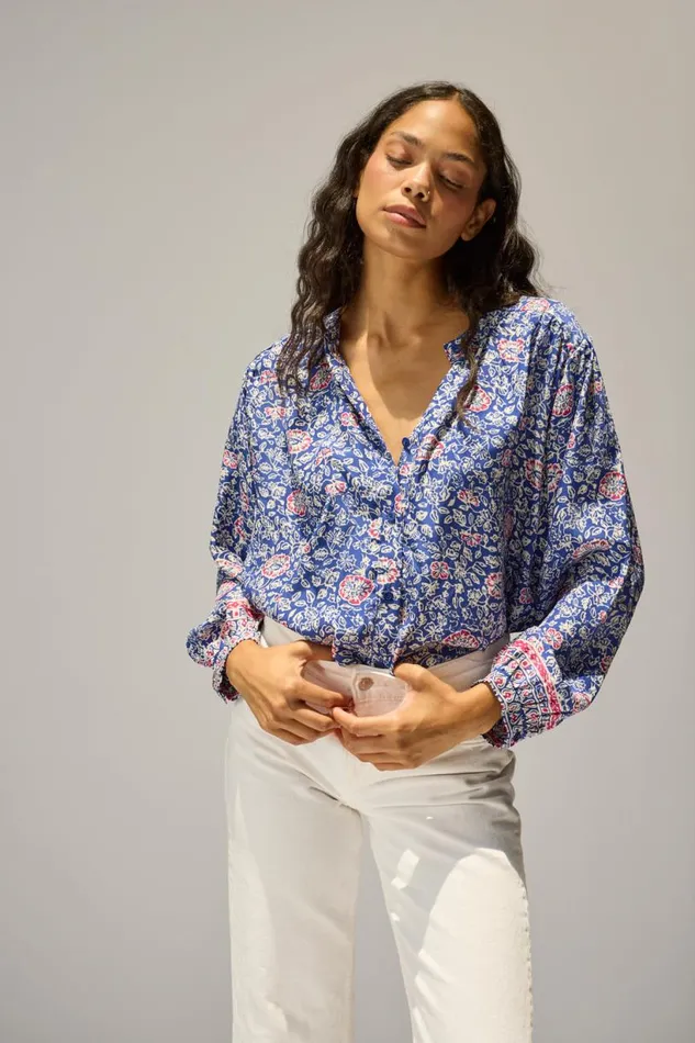 Natalie Martin TOLAN SHIRT Floral Pelicano Blue Shop Tops