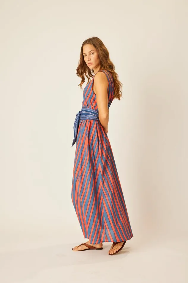Natalie Martin TOVA MAXI WITH CONTRASTING BELT Batik Stripe Blood Orange Shop Dresses