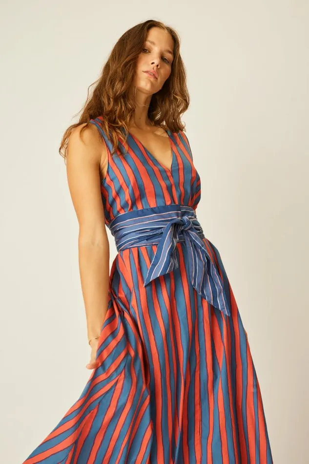 Natalie Martin TOVA MAXI WITH CONTRASTING BELT Batik Stripe Blood Orange Shop Dresses