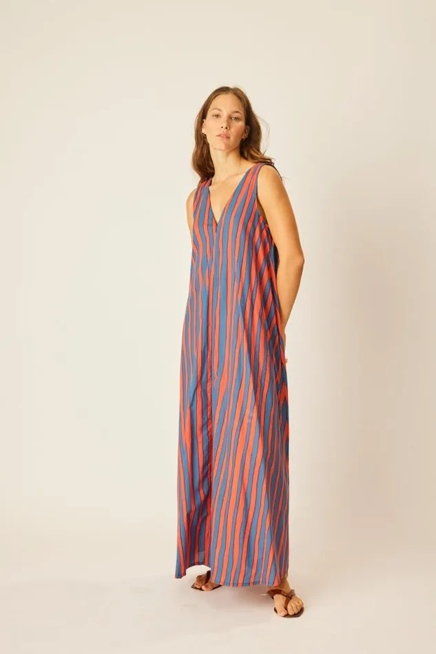 Natalie Martin TOVA MAXI WITH CONTRASTING BELT Batik Stripe Blood Orange Shop Dresses
