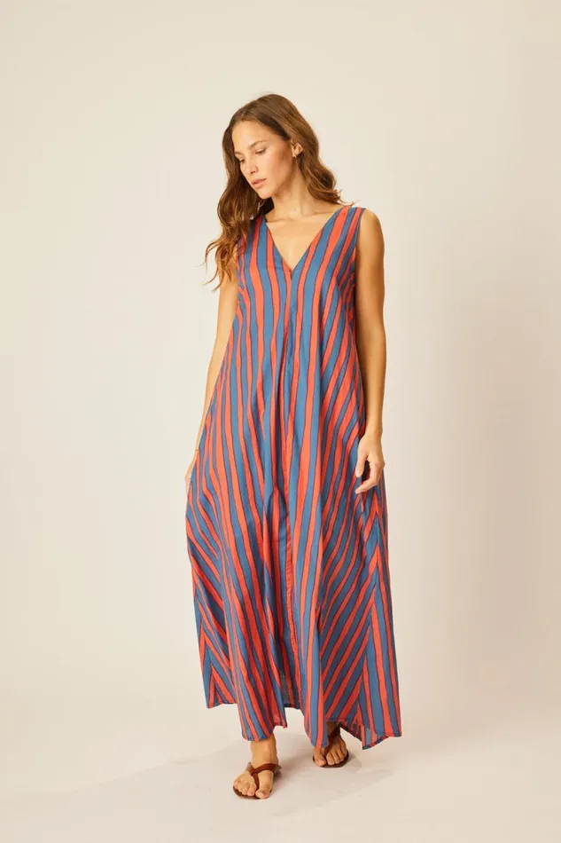 Natalie Martin TOVA MAXI WITH CONTRASTING BELT Batik Stripe Blood Orange Shop Dresses